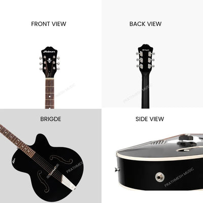 Prathmesh Music Hobmer 265-BK black electro-acoustic guitar showing headstock, bridge, and side output jack details.