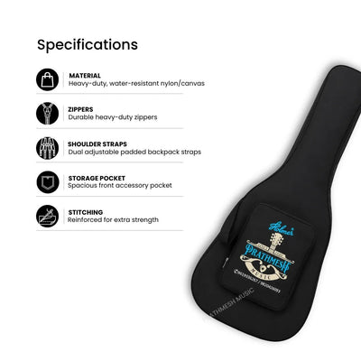 Prathmesh Music Hobmer acoustic guitar gig bag in black nylon with padded straps and accessory pocket specifications.