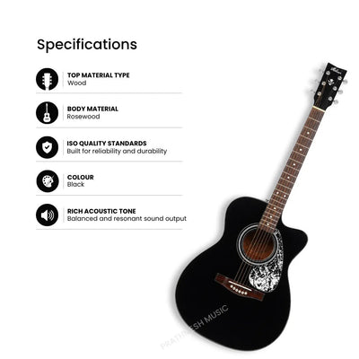 Prathmesh Music Hobmer 250-BK black electro-acoustic guitar with rosewood fingerboard and detailed specifications list.
