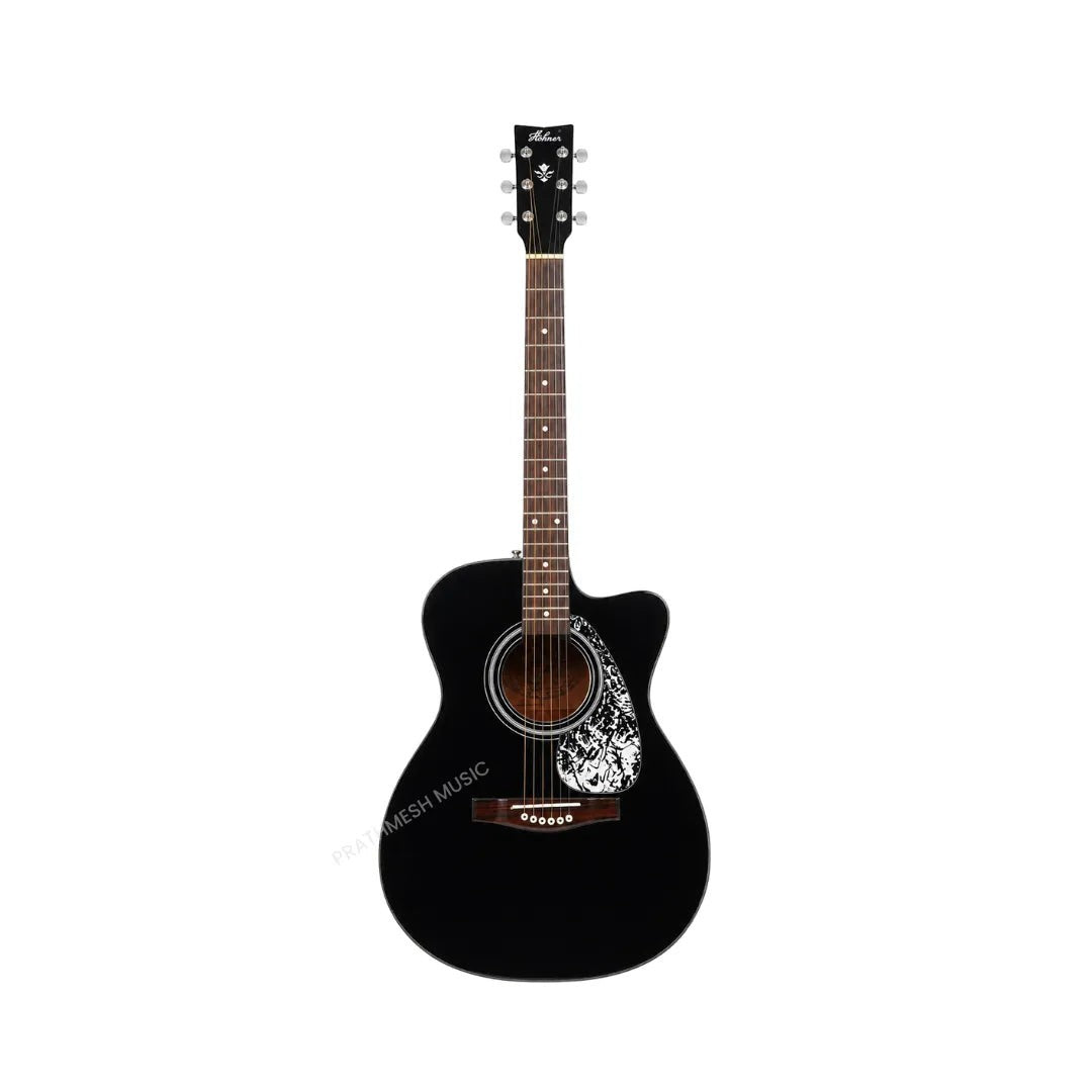 Prathmesh Music Hobmer 250-BK electro-acoustic guitar in black gloss with a cutaway body and patterned pickguard