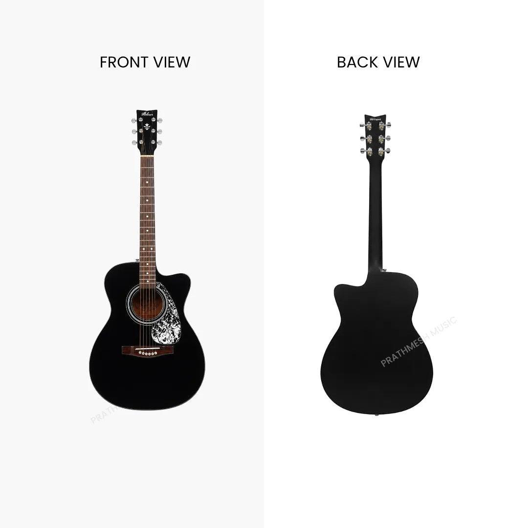 Prathmesh Music Hobmer 250-BK black electro-acoustic guitar showing front and back views with a gloss finish.