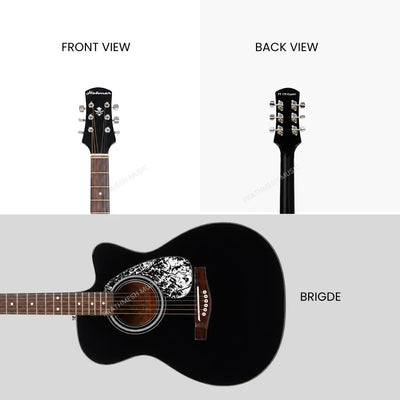 Prathmesh Music Hobmer 250-BK electro-acoustic guitar in black with a patterned pickguard and rosewood fingerboard.