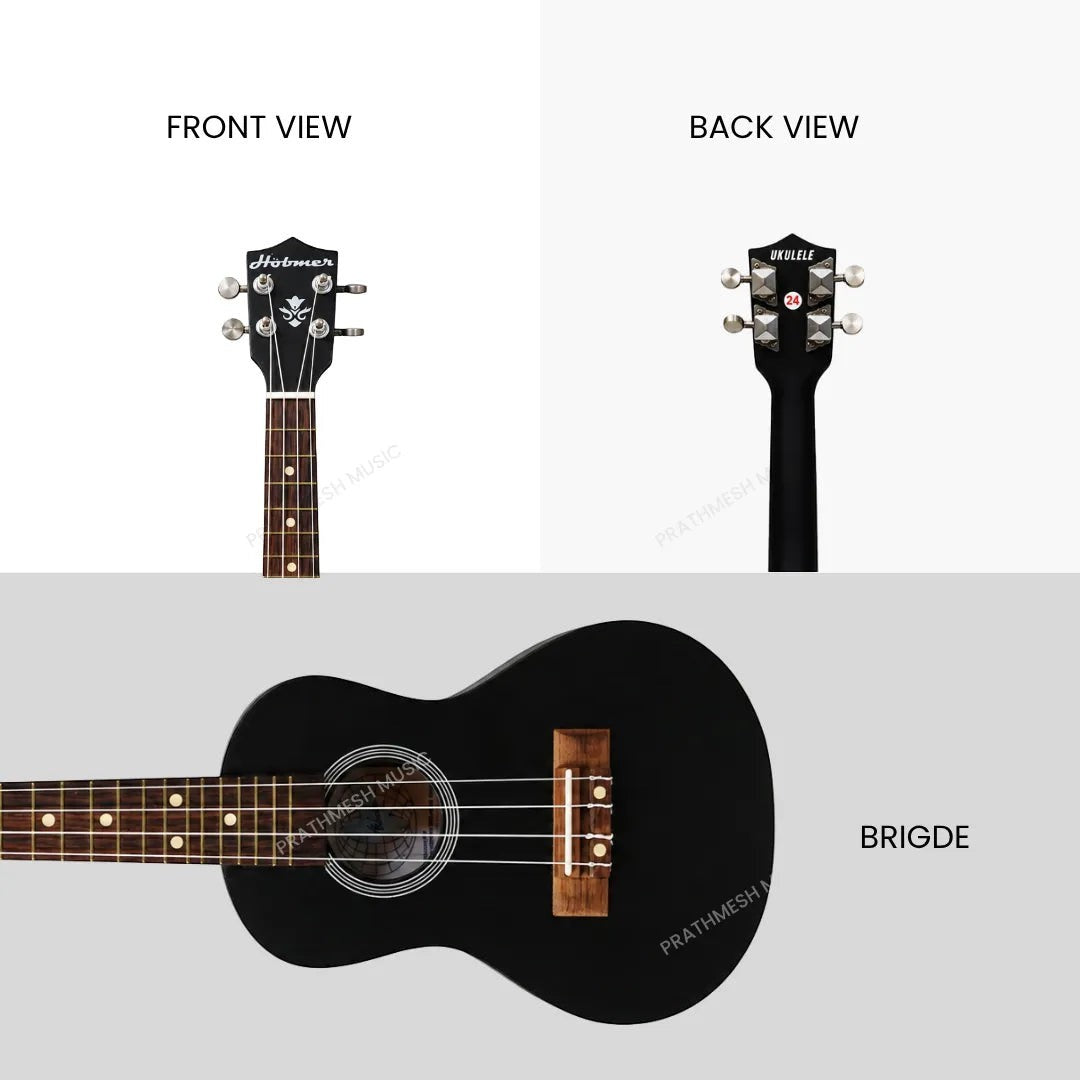 Prathmesh Music Hobmer UKU-24-BK black ukulele showing front and back headstock views and the instrument body.