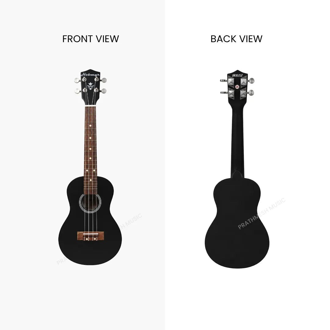 Prathmesh Music Hobmer 26-inch black concert ukulele showing front and back views with a glossy finish.
