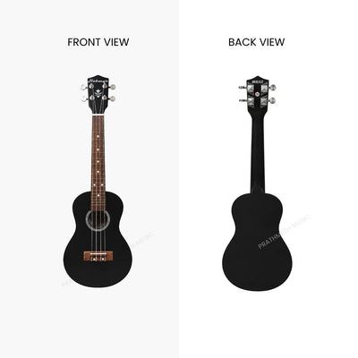 Prathmesh Music Hobmer 26-inch black concert ukulele showing front and back views with a glossy finish.