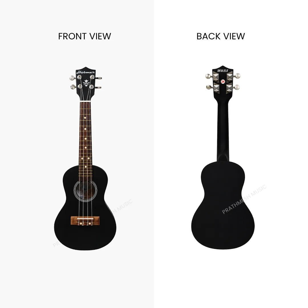 Prathmesh Music Hobmer UKU-24-BK black ukulele shown from front and back views, featuring a sleek modern design.