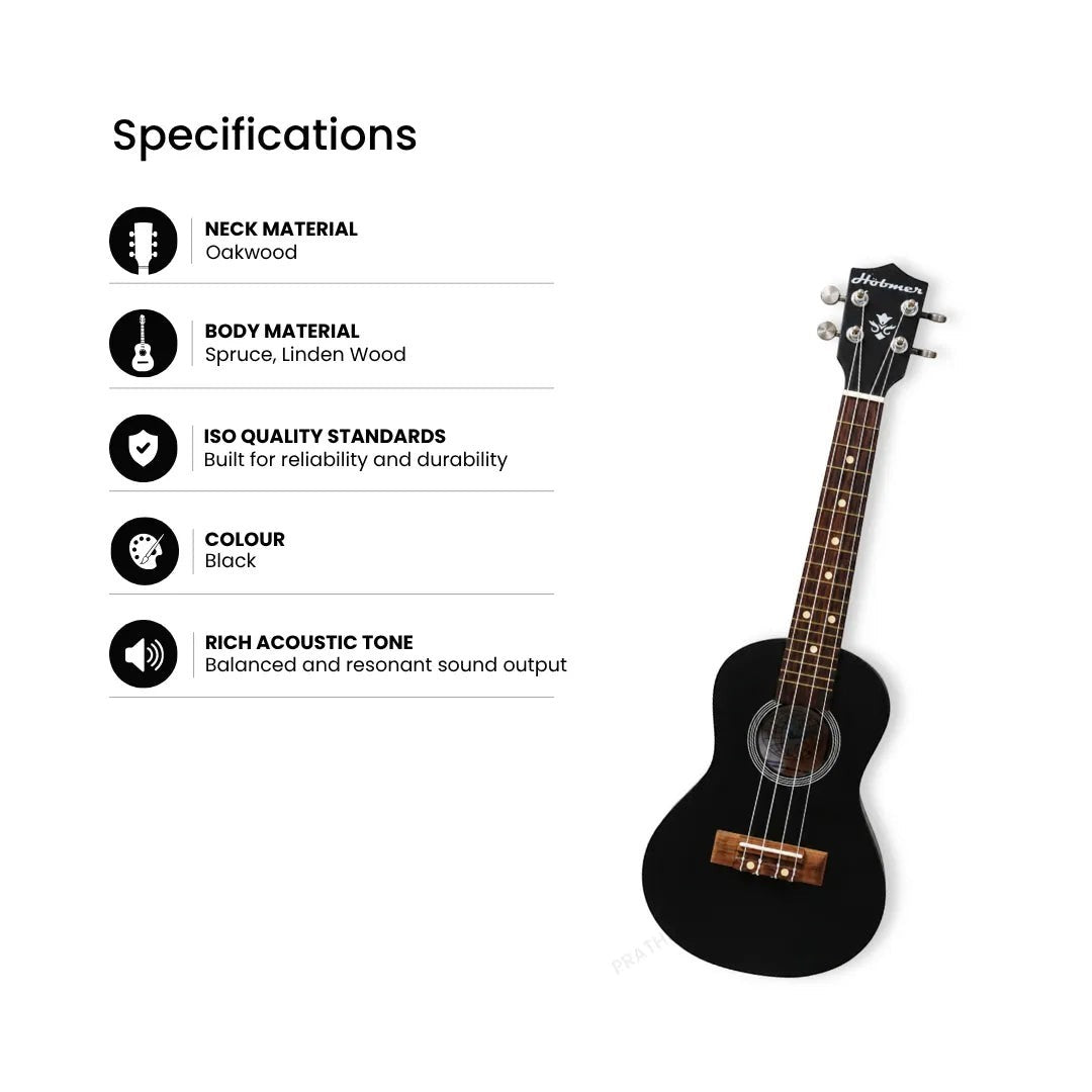 Prathmesh Music Hobmer UKU-24-BK black ukulele with spruce and linden wood body and oakwood neck specifications