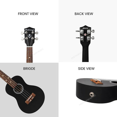 Prathmesh Music Hobmer UKU-26-BK 26-inch black concert ukulele showing headstock, bridge, and side details.