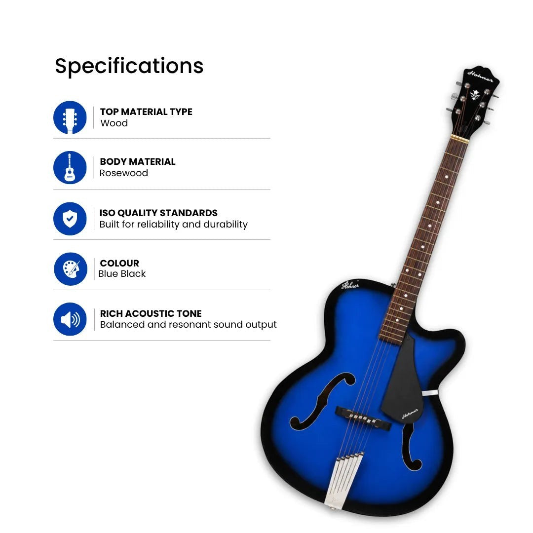 Prathmesh Music Hobmer 265-BB electro-acoustic guitar in blue black with rosewood body and f-holes on white background