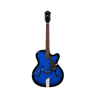 Prathmesh Music Hobmer 265-BB electro-acoustic guitar in a glossy blue and black sunburst finish with f-holes.