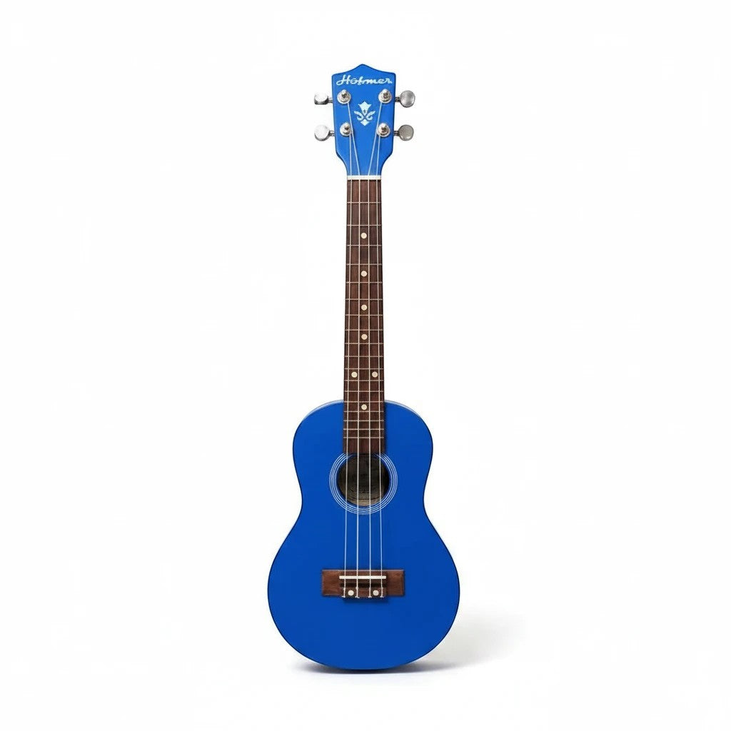 Prathmesh Music Hobmer 26-inch blue tenor ukulele with a glossy finish and dark wood fretboard on a white background.