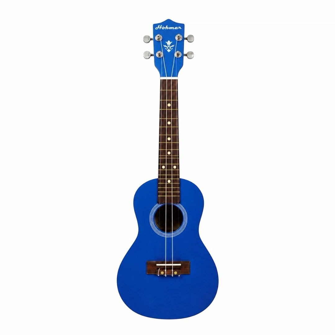 Prathmesh Music Hobmer UKU-24-BL blue soprano ukulele with a smooth fretboard and compact design for beginners.