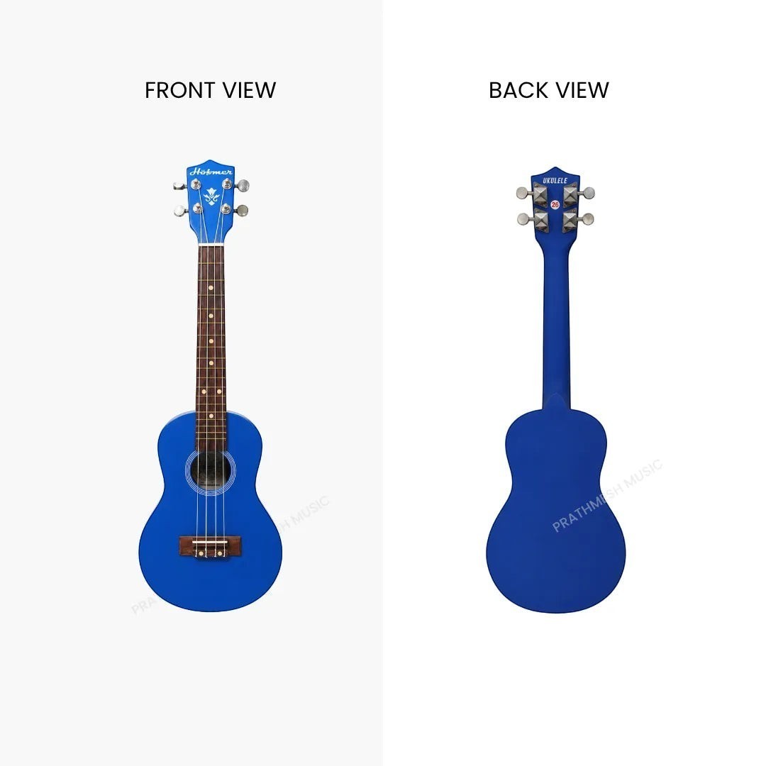 Prathmesh Music Hobmer 26-inch blue tenor ukulele showing front and back views with a glossy finish.