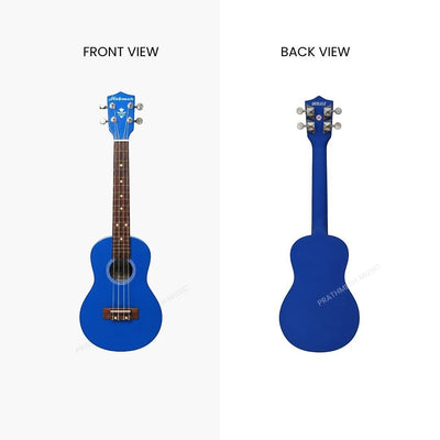 Prathmesh Music Hobmer 26-inch blue tenor ukulele showing front and back views with a glossy finish.