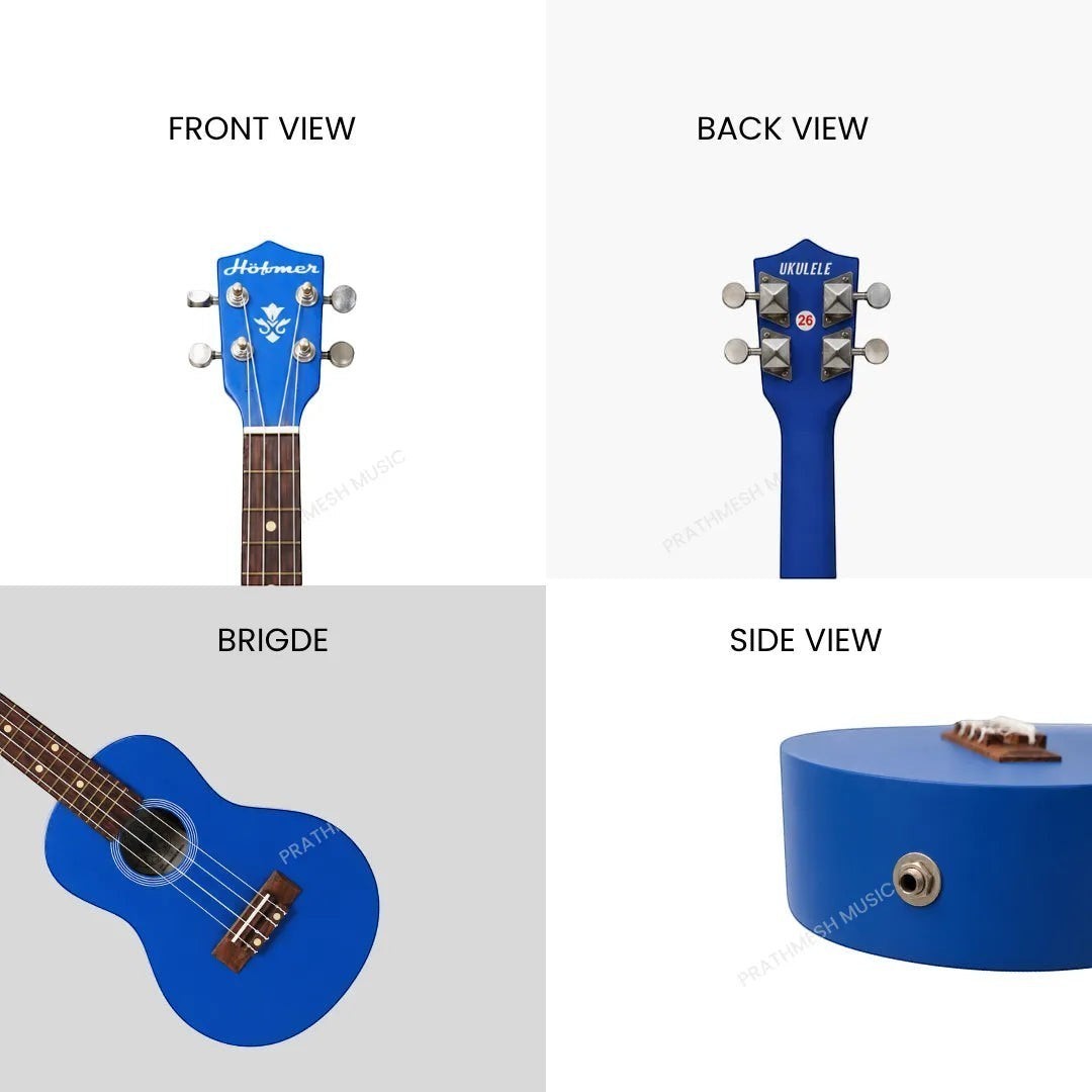 Prathmesh Music Hobmer 26-inch blue tenor ukulele showing front, back, bridge, and side input jack details.