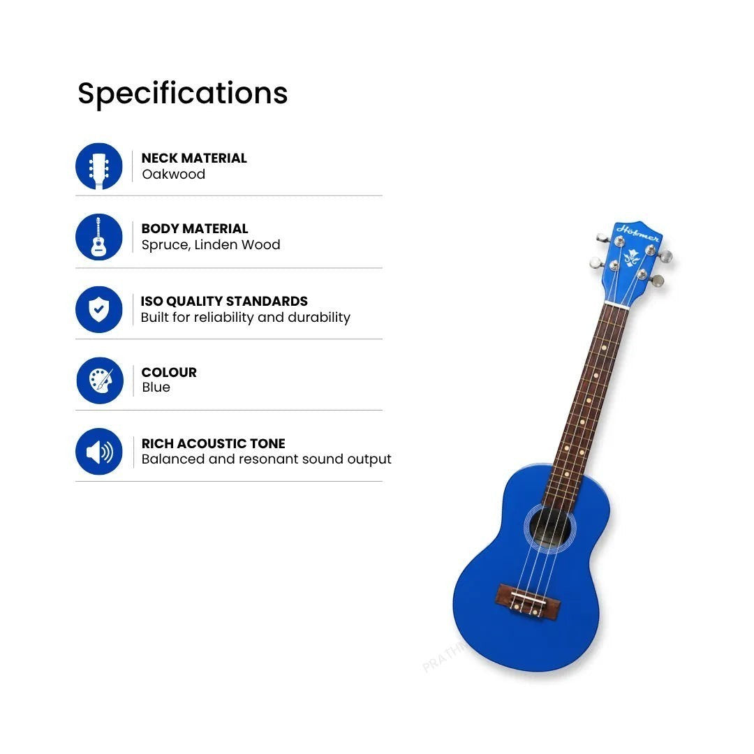 Prathmesh Music Hobmer 26-inch blue tenor ukulele with spruce and linden wood body and oakwood neck.