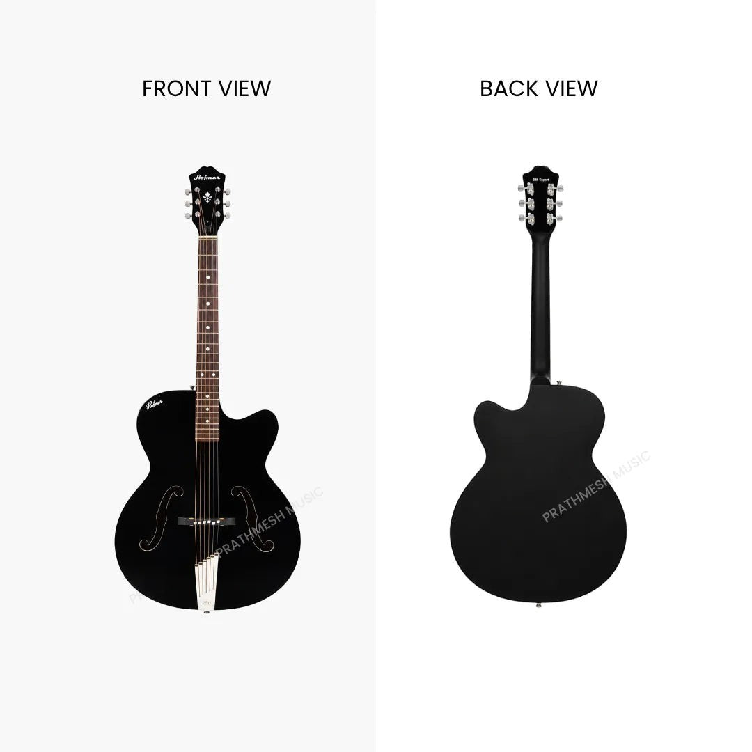 Prathmesh Music Hobmer 265-BK electro-acoustic guitar in black, showing front and back views with a glossy finish.