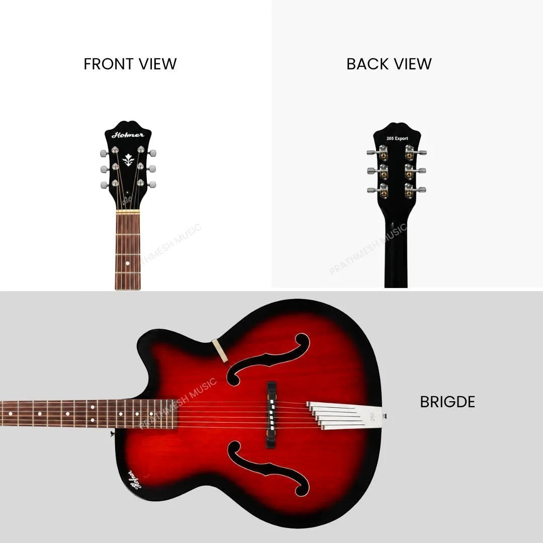 Prathmesh Music Hobmer 265-RB electro-acoustic guitar featuring a glossy red and black sunburst finish and f-holes.
