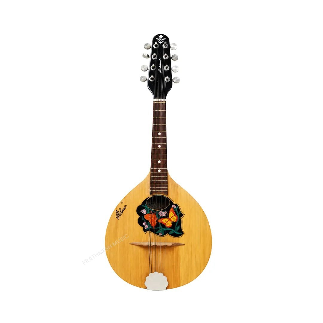 Prathmesh Music Hobmer folk mandolin in natural wood finish with a decorative butterfly inlay on the soundboard