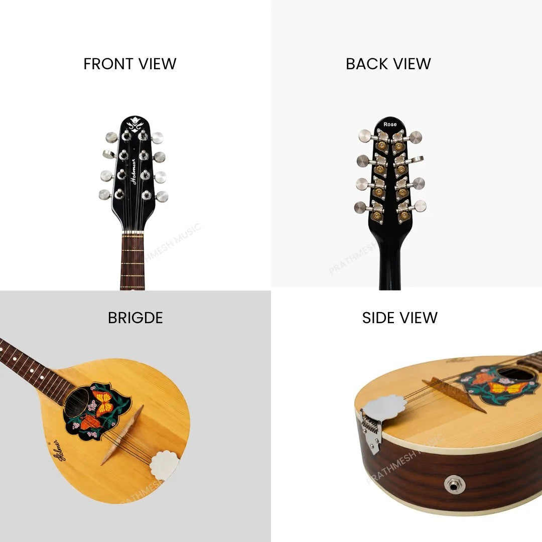 Prathmesh Music Hobmer folk mandolin in natural wood finish showing headstock, bridge, and side profile details.