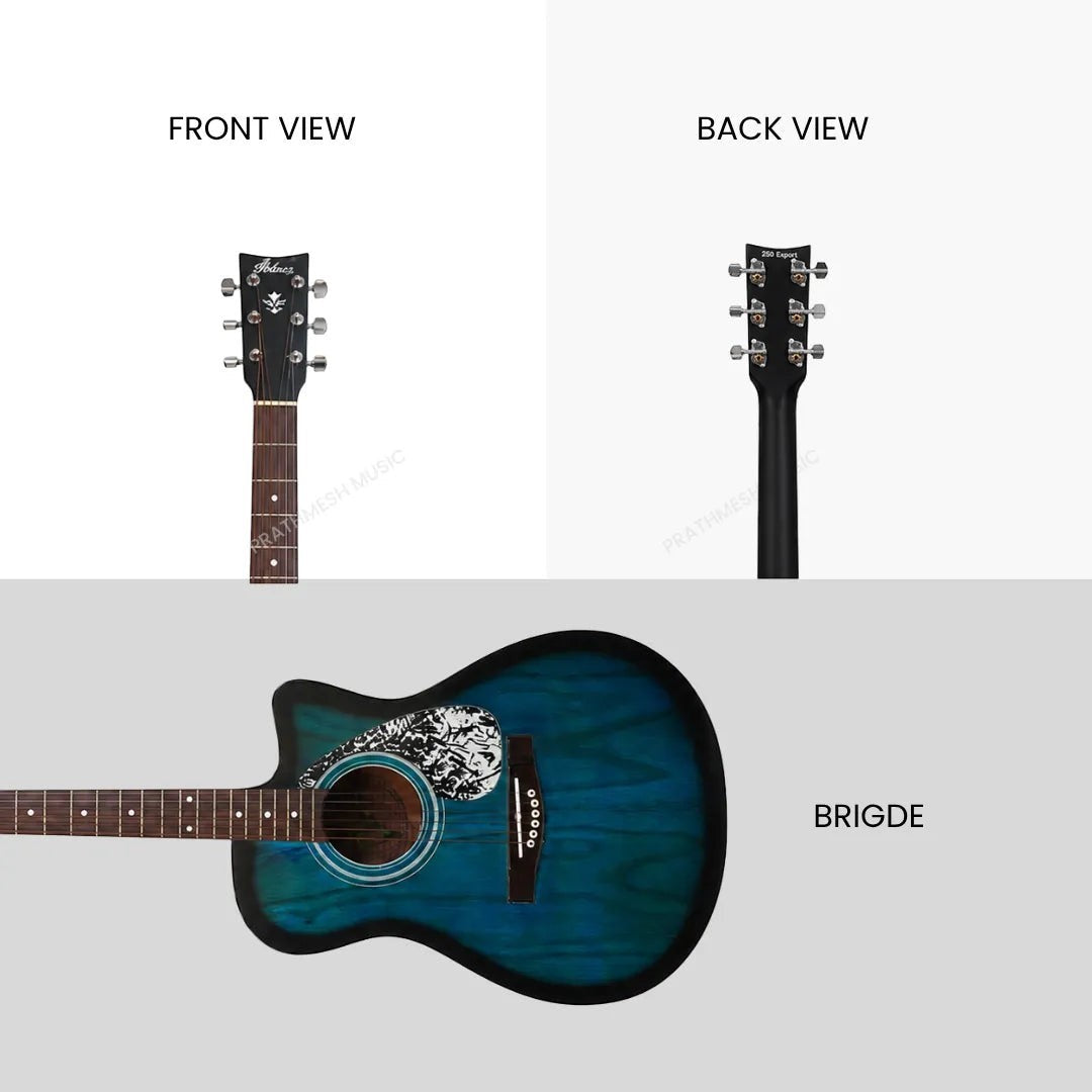 Prathmesh Music Hobmer 250-PC electro-acoustic guitar featuring a vibrant blue peacock finish and cutaway body design.