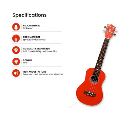 Prathmesh Music Hobmer 26-inch pink tenor ukulele with spruce and linden wood body and oakwood neck.