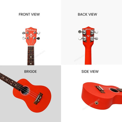 Prathmesh Music Hobmer 26-inch pink tenor ukulele showing front, back, bridge, and side views for beginners.