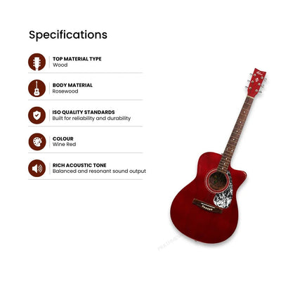 Prathmesh Music Hobmer 250-WR electro-acoustic guitar in wine red with rosewood body and detailed specifications list.