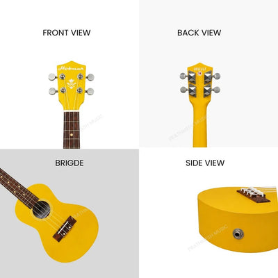 Prathmesh Music Hobmer UKU-24-YL yellow concert ukulele showing front, back, bridge, and side views for beginners.