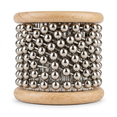 Prathmesh Music KL small cabasa percussion instrument with metal beads and wooden handle for rhythmic sound effects.
