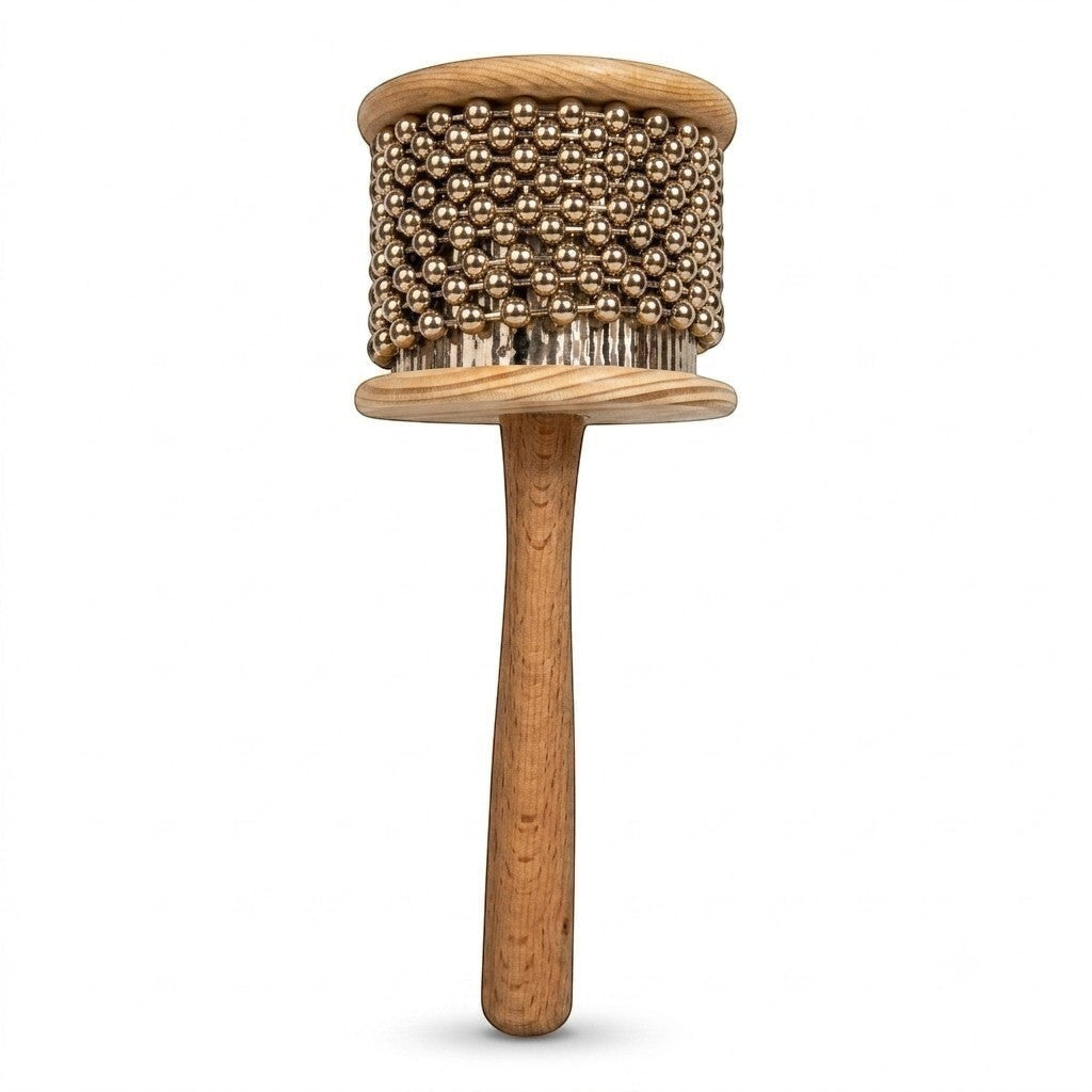Prathmesh Music KL small cabasa percussion instrument with a wooden handle and textured metal bead cylinder.