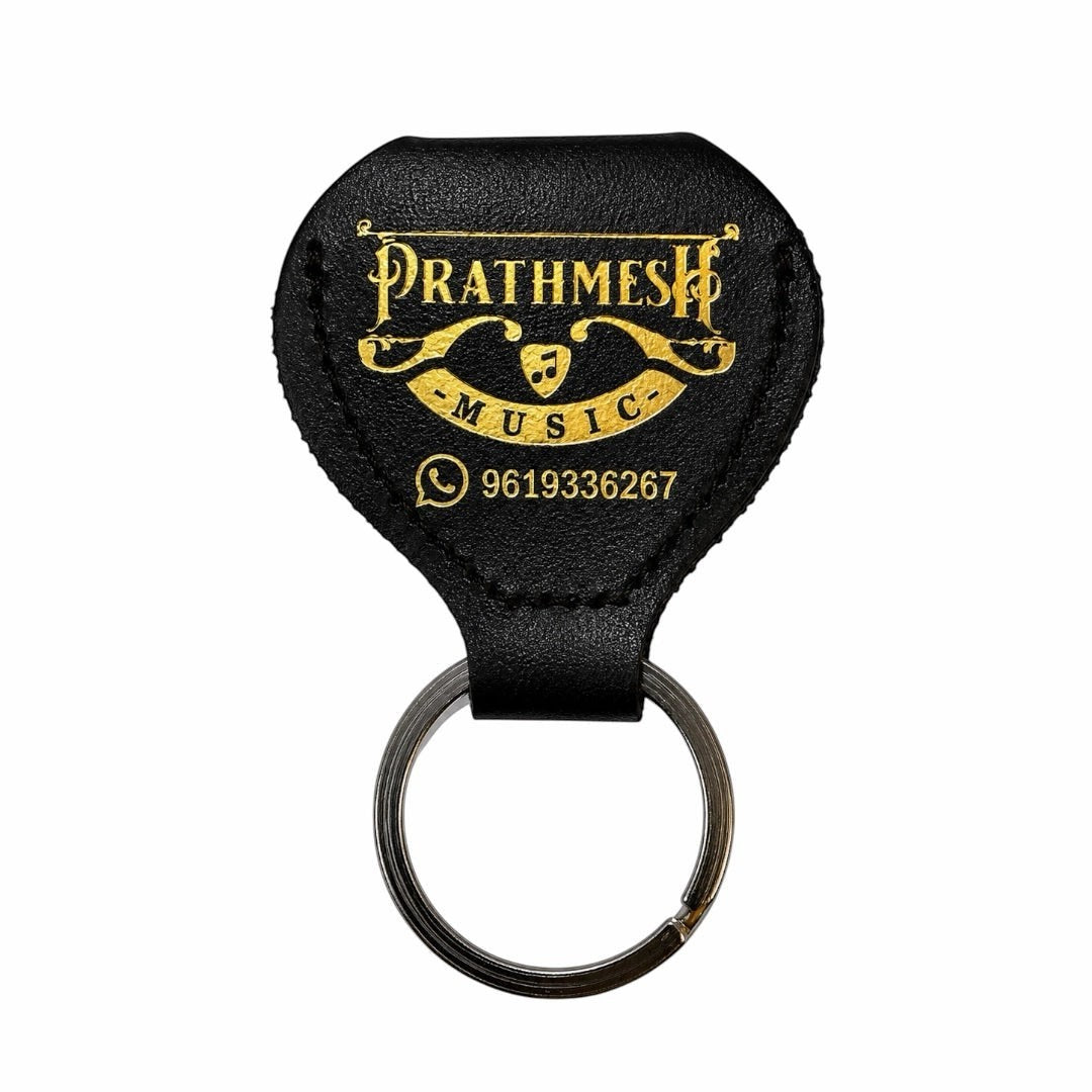 Prathmesh Music black leather guitar pick holder keychain with gold logo and contact details