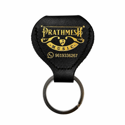 Prathmesh Music black leather guitar pick holder keychain with gold logo and contact details