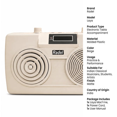 Prathmesh Music Radel Milan Plus digital tabla and tanpura accompaniment instrument in a matte beige plastic finish.