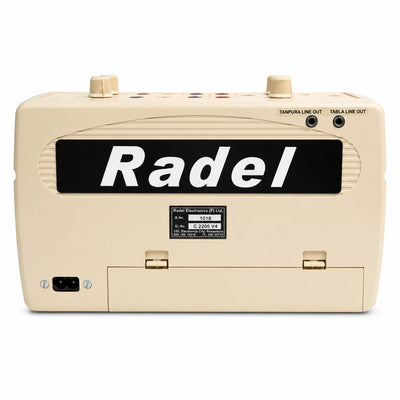 Prathmesh Music Radel Milan Plus digital tabla tanpura rear view showing output ports and battery compartment.
