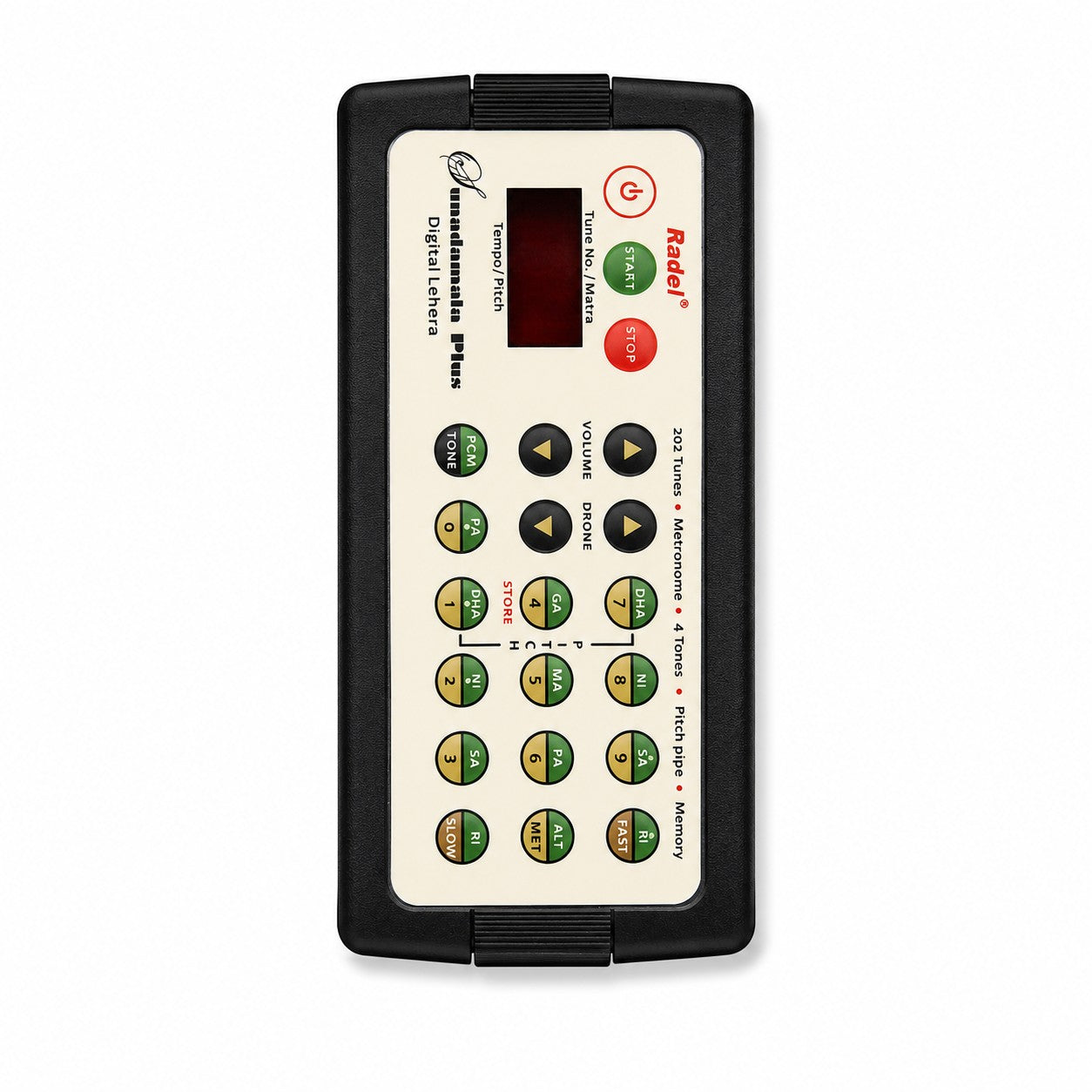 Prathmesh Music Radel Sunadamala Plus digital lehera instrument with control buttons and digital display screen.