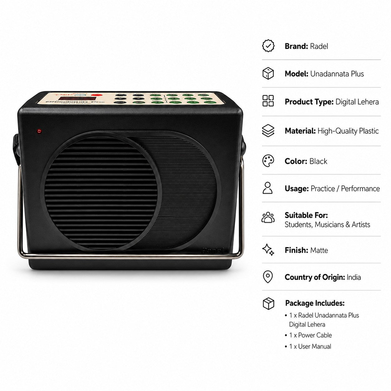 Prathmesh Music Radel Sunadamala Plus digital lehera instrument in a black matte plastic case for classical music