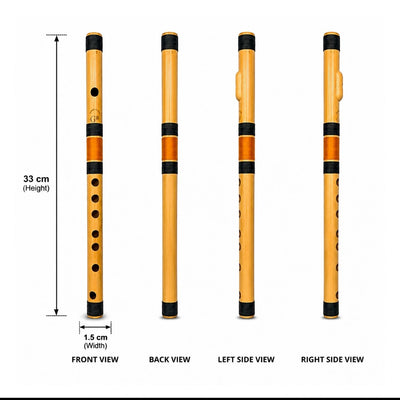 Prathmesh Music Radhe bamboo G# Mid bansuri flute showing front, back, and side views with dimensions.