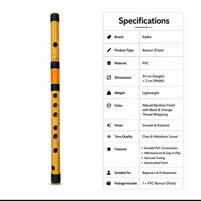 Prathmesh Music Radhe G# Mid bansuri flute with natural bamboo finish and black and orange thread binding.