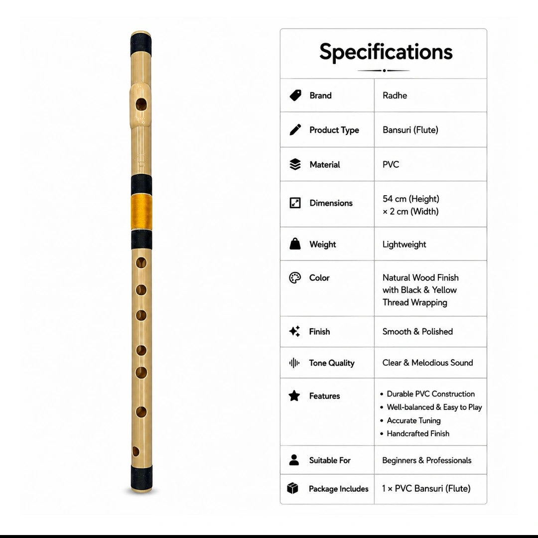 Prathmesh Music Radhe PVC F Middle bansuri flute with natural wood finish and black and yellow thread bindings.