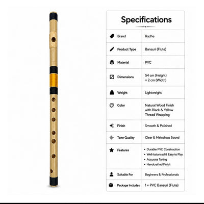Prathmesh Music Radhe PVC F Middle bansuri flute with natural wood finish and black and yellow thread bindings.