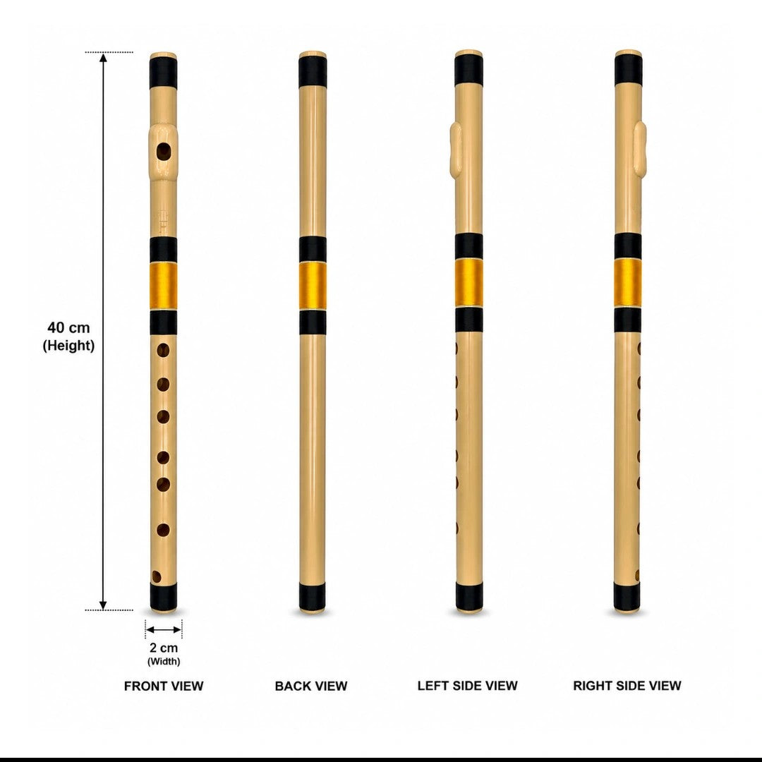 Prathmesh Music Radhe PVC F Middle side-blown flute showing front, back, and side views with 40cm height dimensions.
