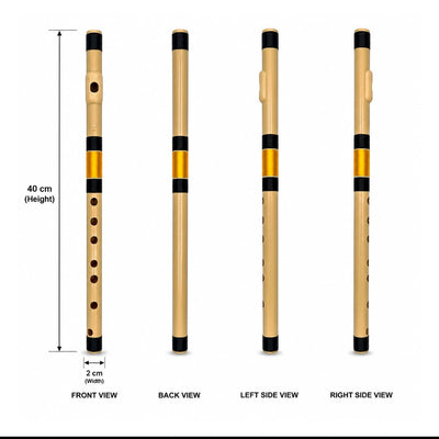 Prathmesh Music Radhe PVC F Middle side-blown flute showing front, back, and side views with 40cm height dimensions.