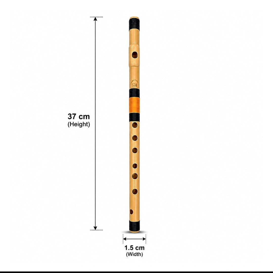 Prathmesh Music Radhe PVC side-blown F# middle flute with 37cm height and 1.5cm width measurements.