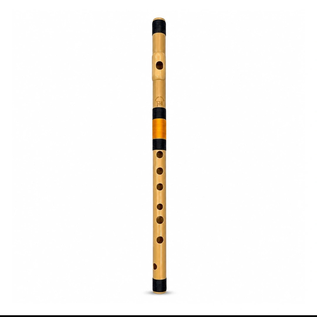 Prathmesh Music Radhe PVC side-blown F# Middle bansuri flute with a bamboo-look finish and black binding threads.