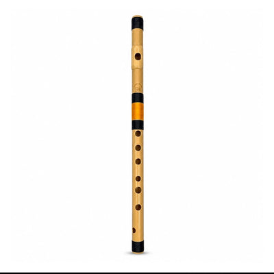 Prathmesh Music Radhe PVC side-blown F# Middle bansuri flute with a bamboo-look finish and black binding threads.