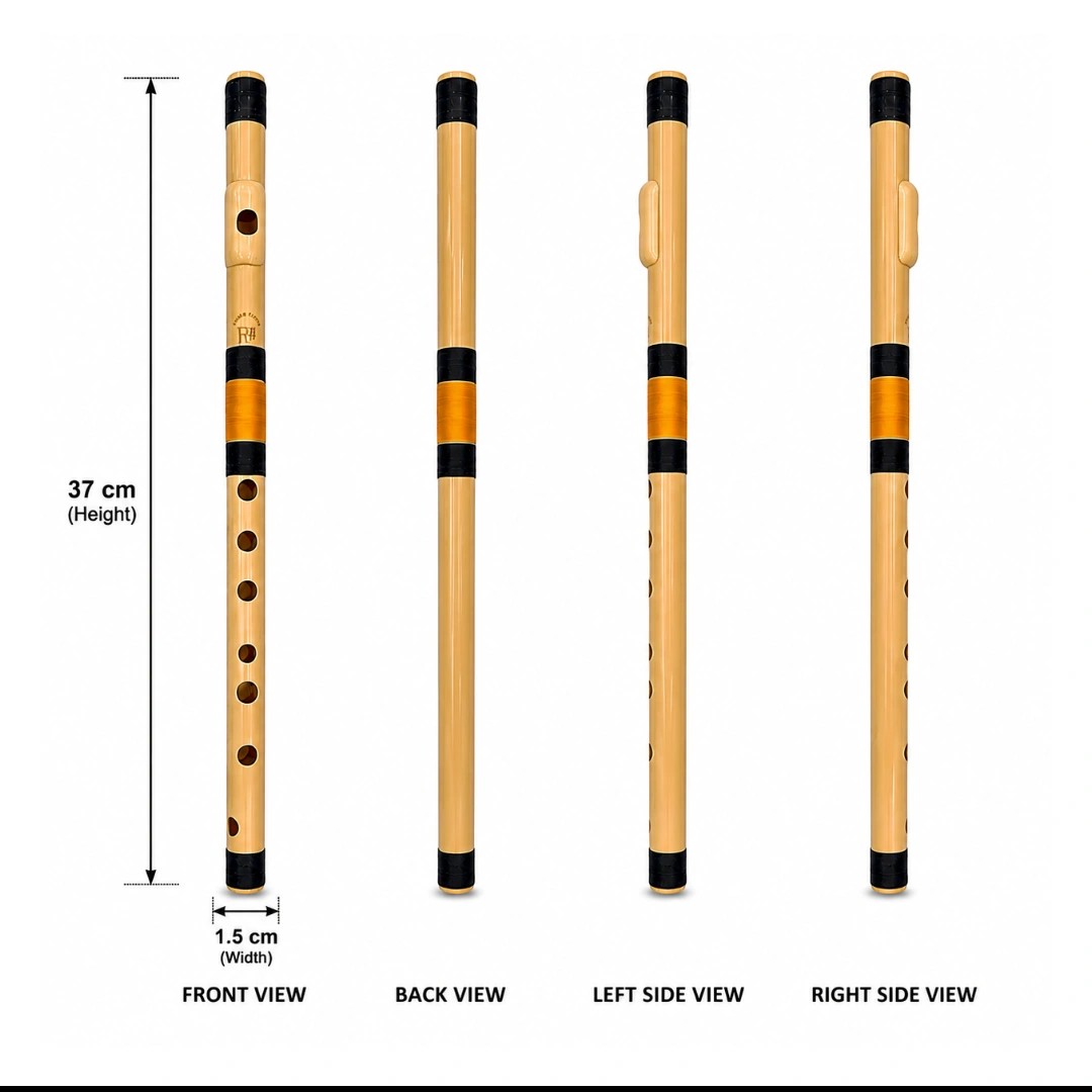 Prathmesh Music Radhe PVC F# Middle side-blown bansuri flute showing front, back, and side views with dimensions.