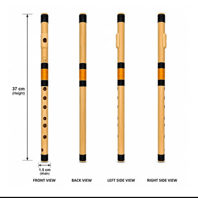 Prathmesh Music Radhe PVC F# Middle side-blown bansuri flute showing front, back, and side views with dimensions.