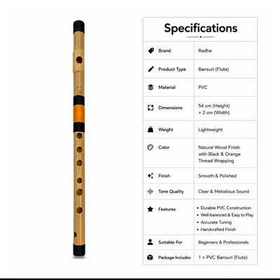 Prathmesh Music Radhe PVC F# Middle bansuri flute with natural wood finish and black and orange thread wrapping.