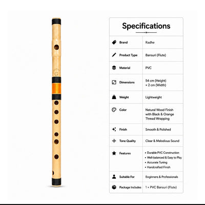 Prathmesh Music Radhe PVC G Middle bansuri flute with natural wood finish and black and orange thread detailing.